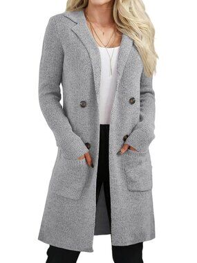 Women's Light Grey Long Knit Coatigan Open Front Cardigan Lapel Pocket Sweater